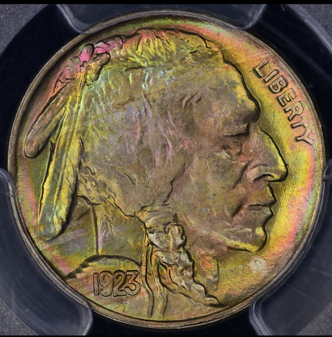 Close-up of feather details on high-grade Buffalo Nickel