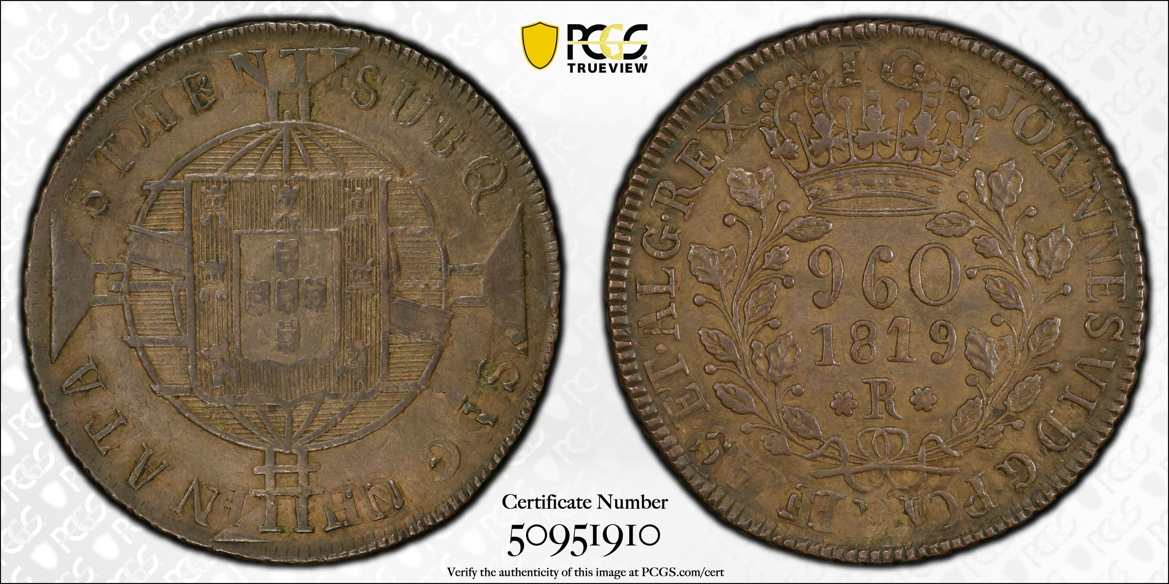 1819 R Brazil 960 Reis obverse showing undertype details