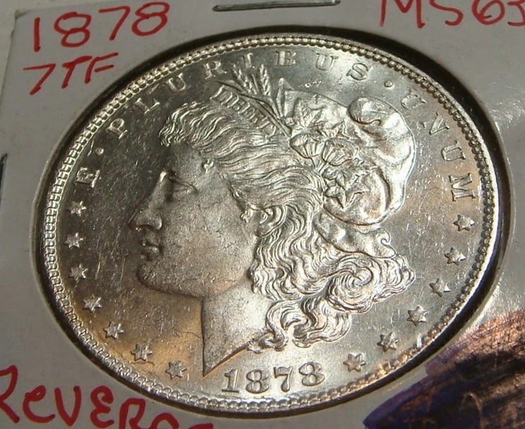 Close-up of 1878 7TF Morgan obverse showing Liberty detail