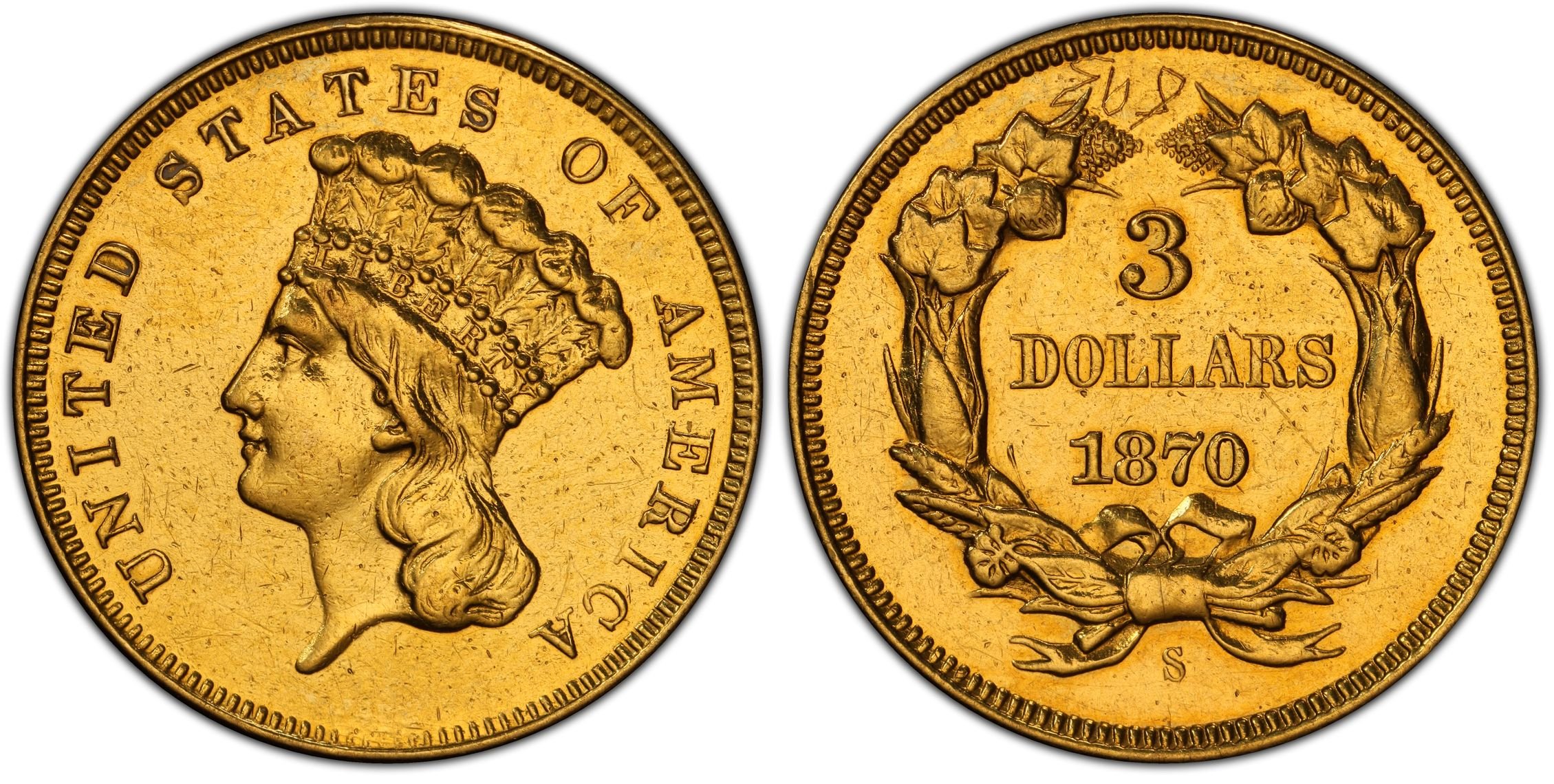 PCGS-certified $3 Princess Gold Coin glowing with original luster