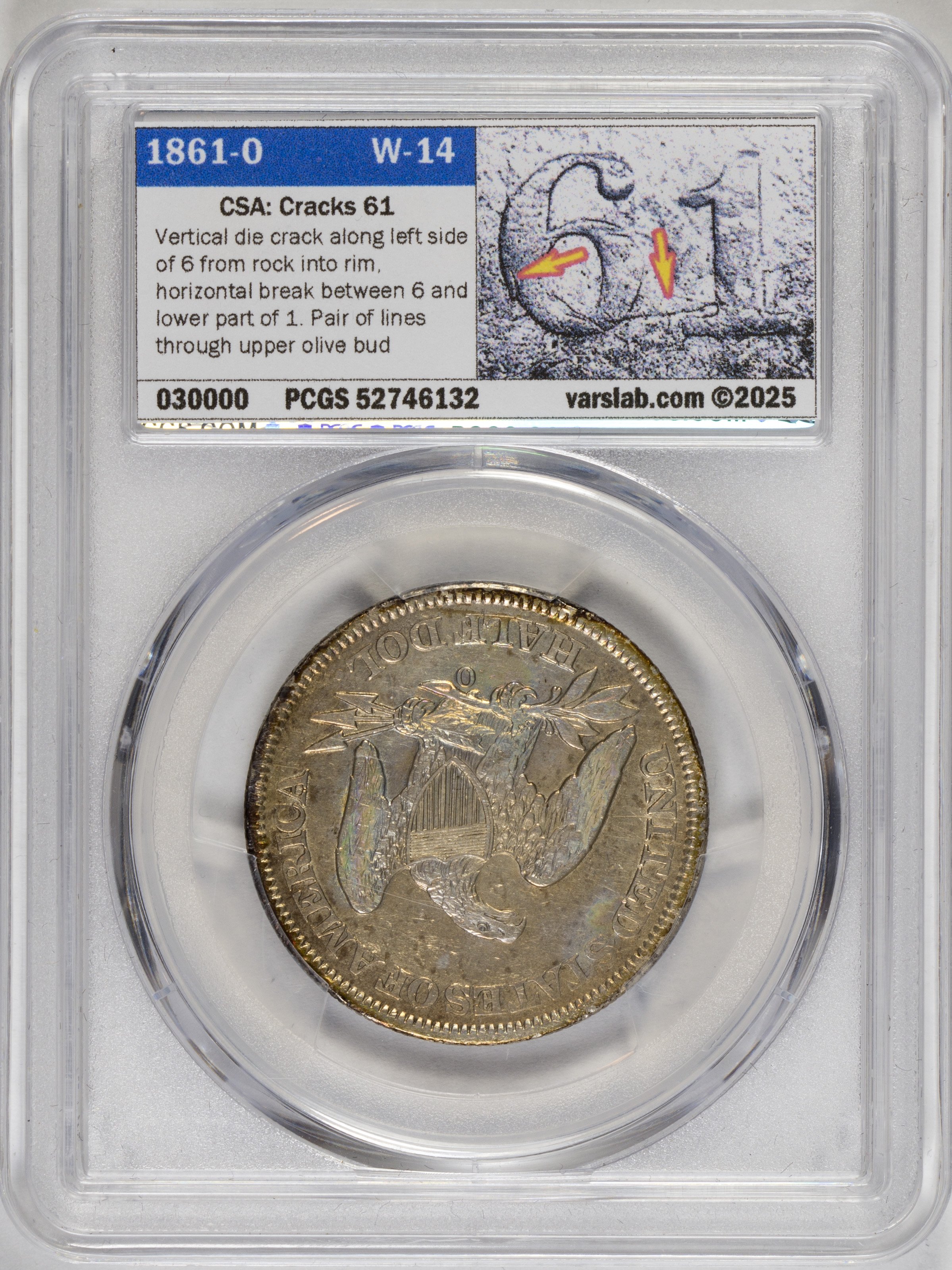 1861-O Half Dollar in mint condition with visible die cracks