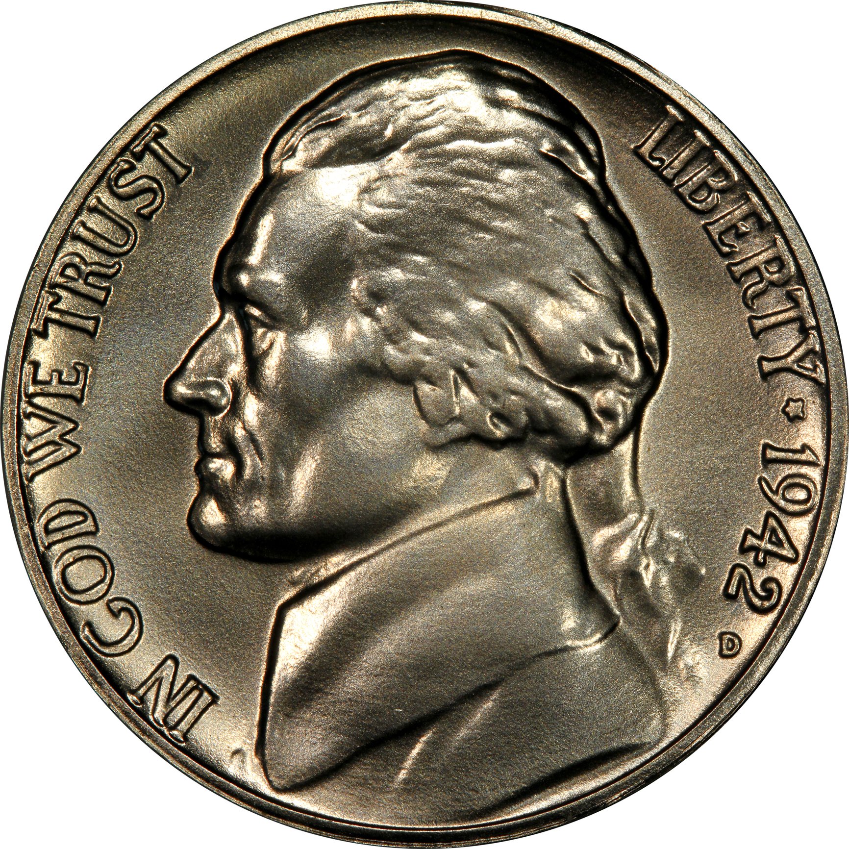 Close-up of 1942-dDd(P) nickel reverse showing ghosting details