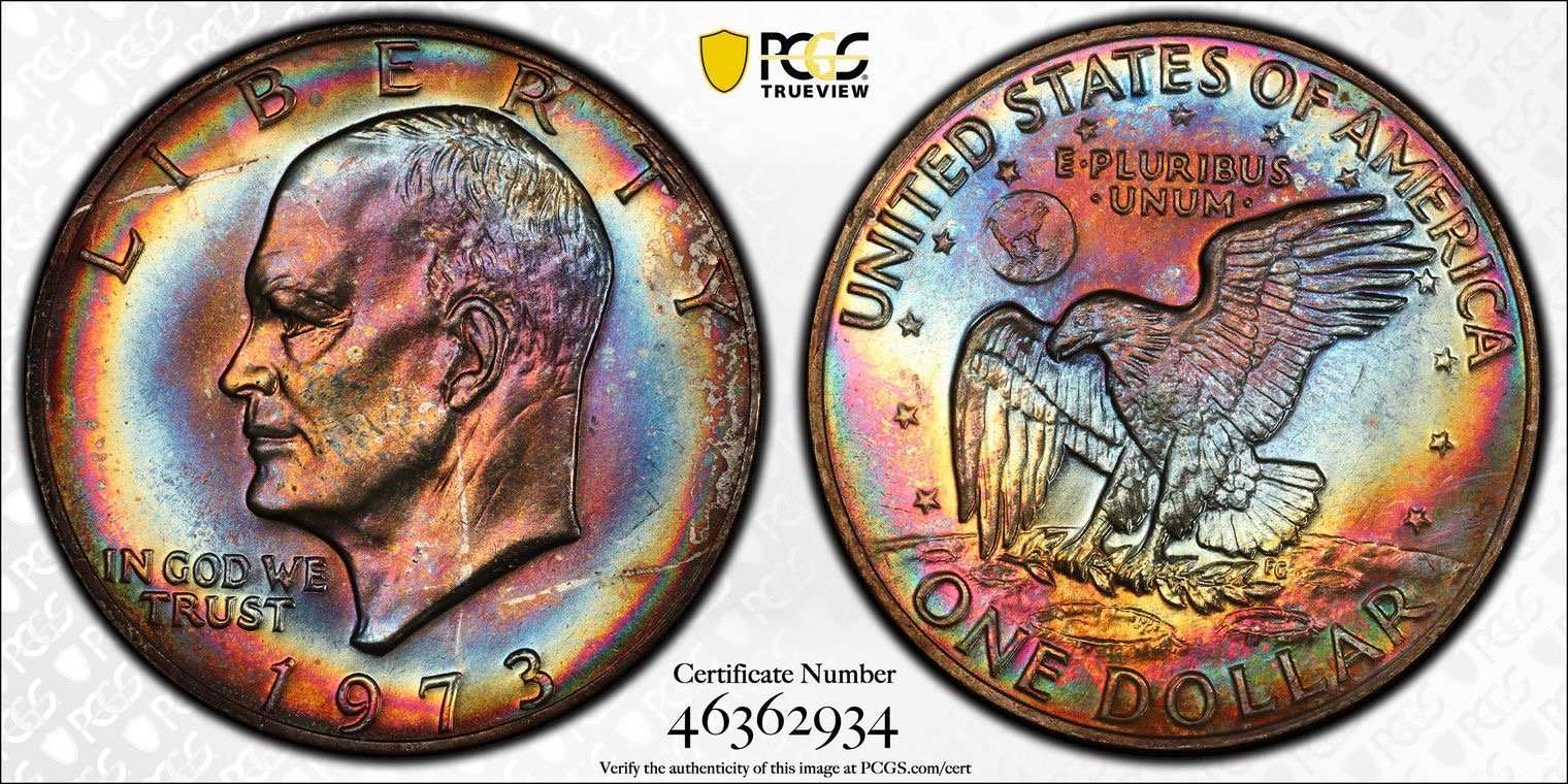 1973 MS67 Eisenhower Dollar with diagnostic marks