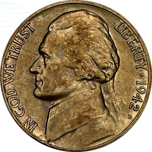 Well-circulated 1942-dDd(P) nickel with rich patina